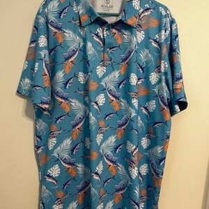 SCALES Blue and Orange Floral Fish Polo L